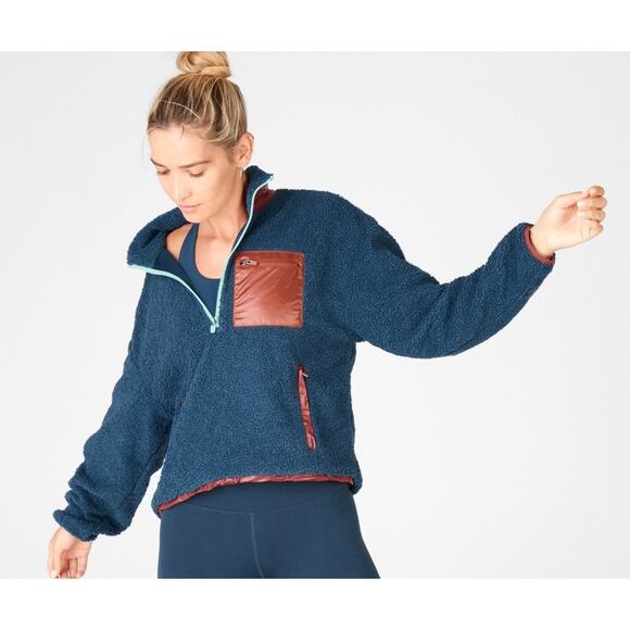 Fabletics Larissa Fleece 1/2 Zip Pullover Sz L Blue Teddy Jacket Athleisure - Picture 1 of 10